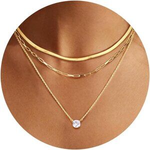 Gold Layered Necklace Set for Women Herringbone Paperclip Chain Pendant Jewelry